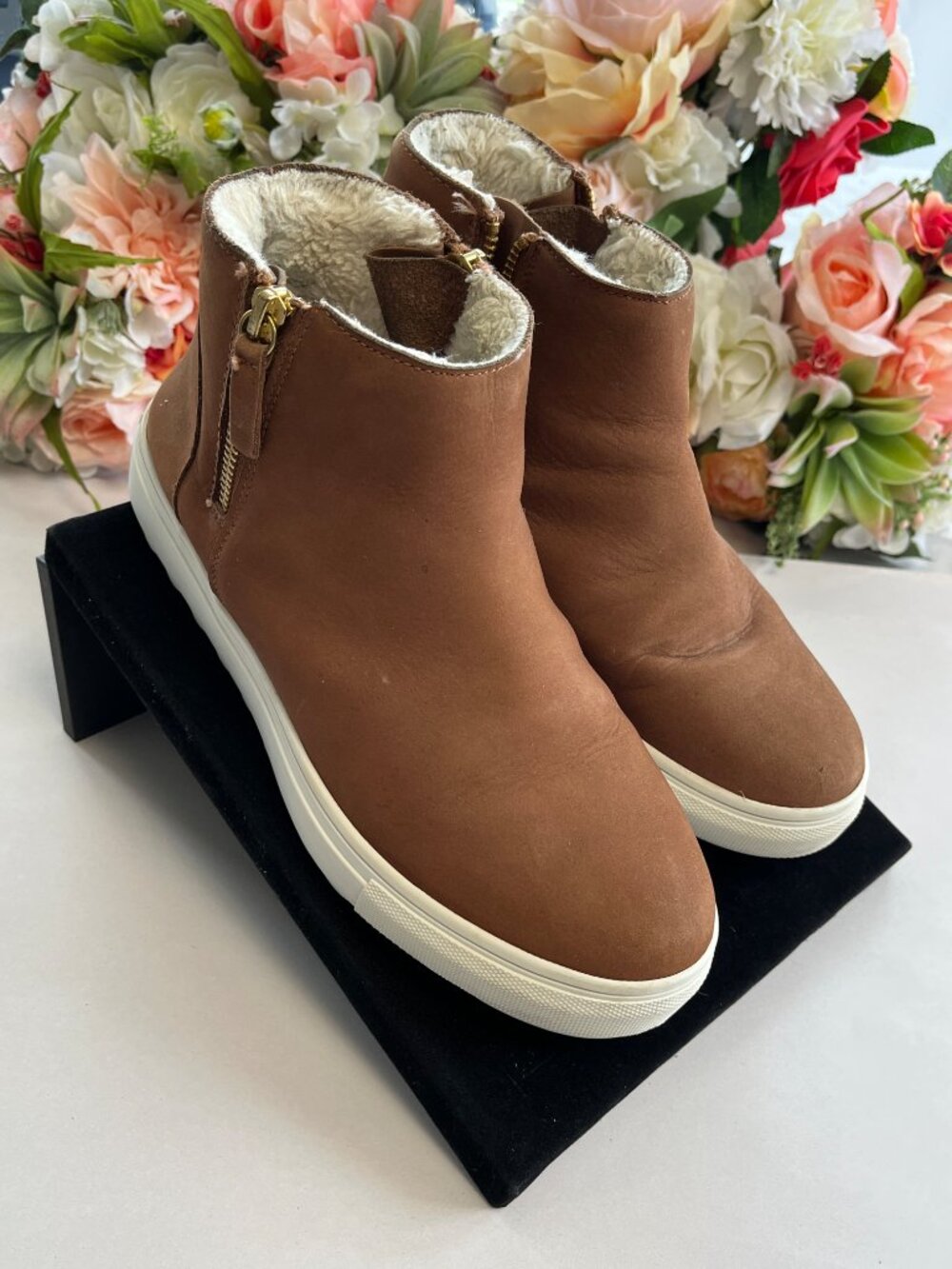 J/Slides NYC Waterproof Leather Faux Fur Ankle Boots Brown Size 7